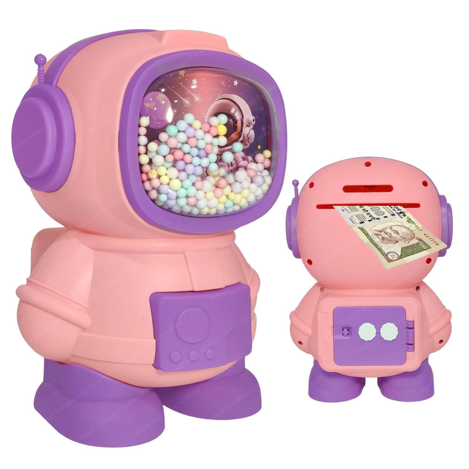 Front and back view of astronaut shaped piggy bank in pink and purple color for kids from Motumal Giftwala.