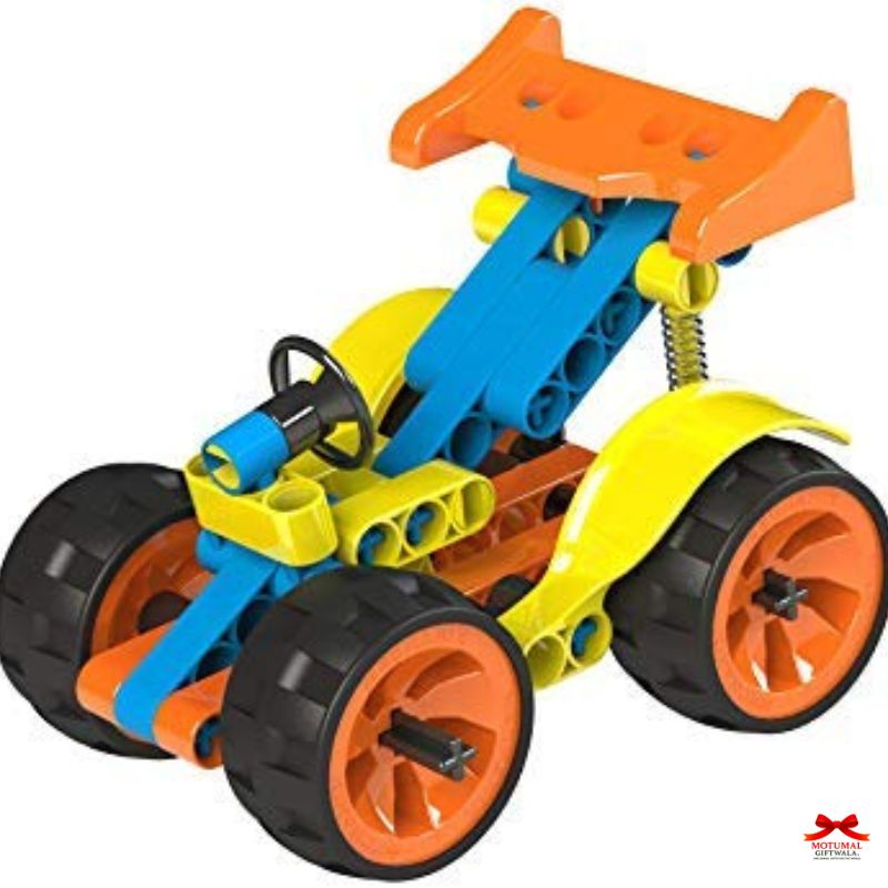 Colorful toy vehicle with orange, blue, and yellow components on a white background