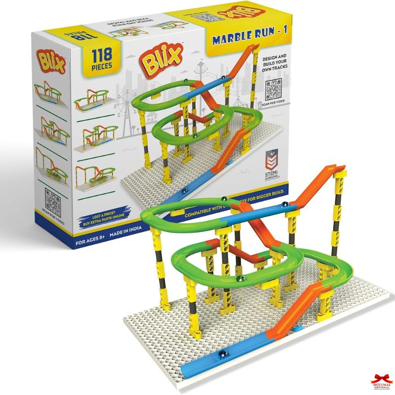 Blix marble run toy set with packaging on a white background