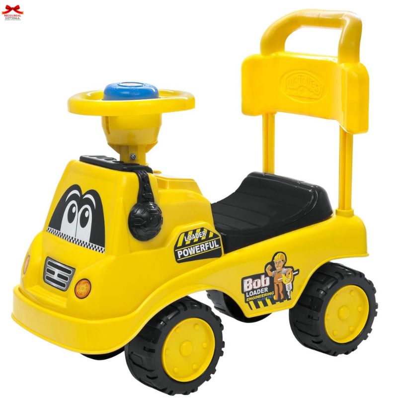 Yellow toy bulldozer with a handle on a white background