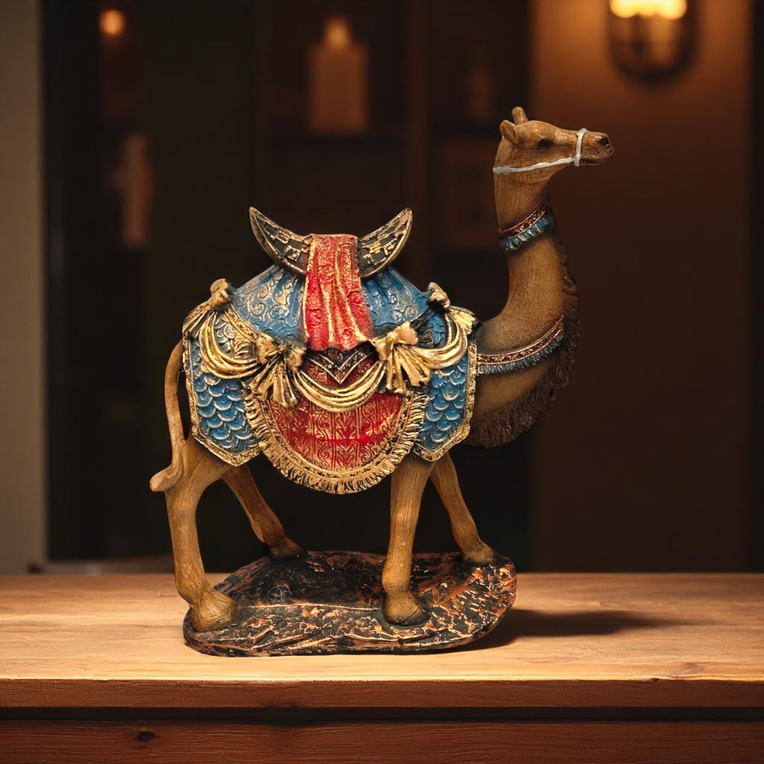 Side profile of Rajasthani camel showpiece with antique blue-red saddle