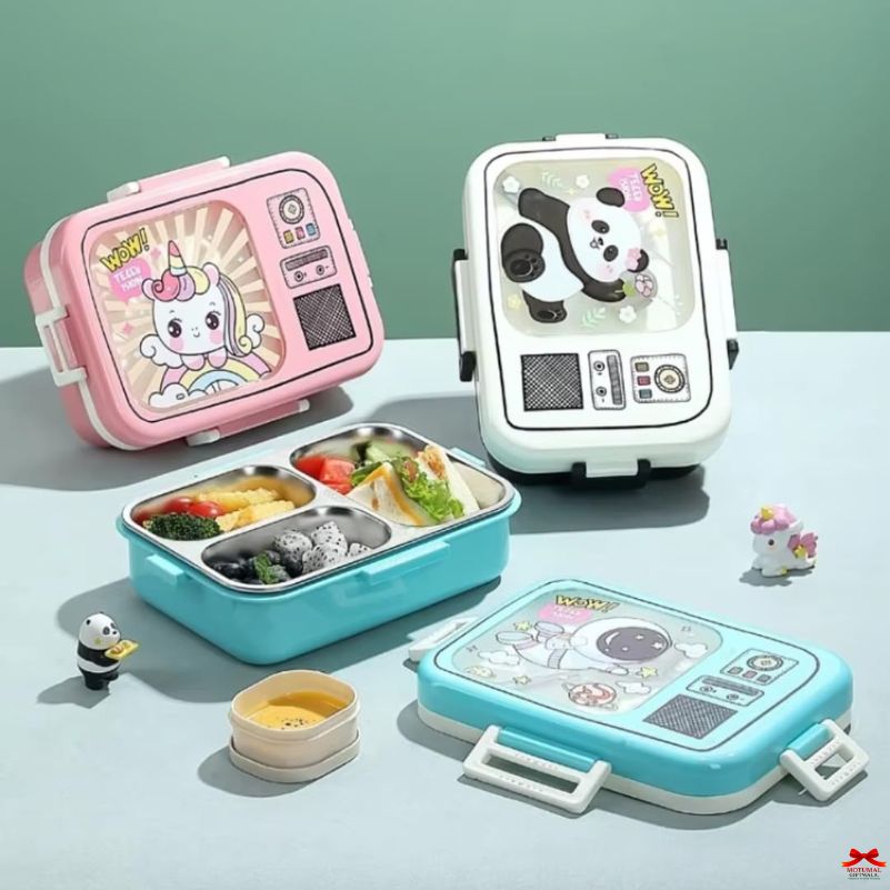 Set of colorful bento boxes with cartoon designs on a light blue surface.