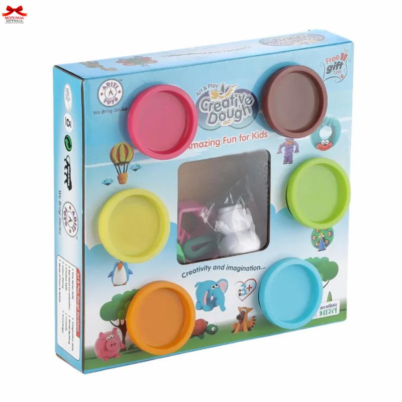 Box of creative dough with colorful containers on a white background