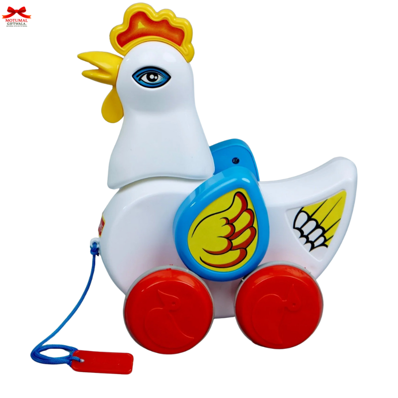 Colorful toy rooster with a pull string on a white background