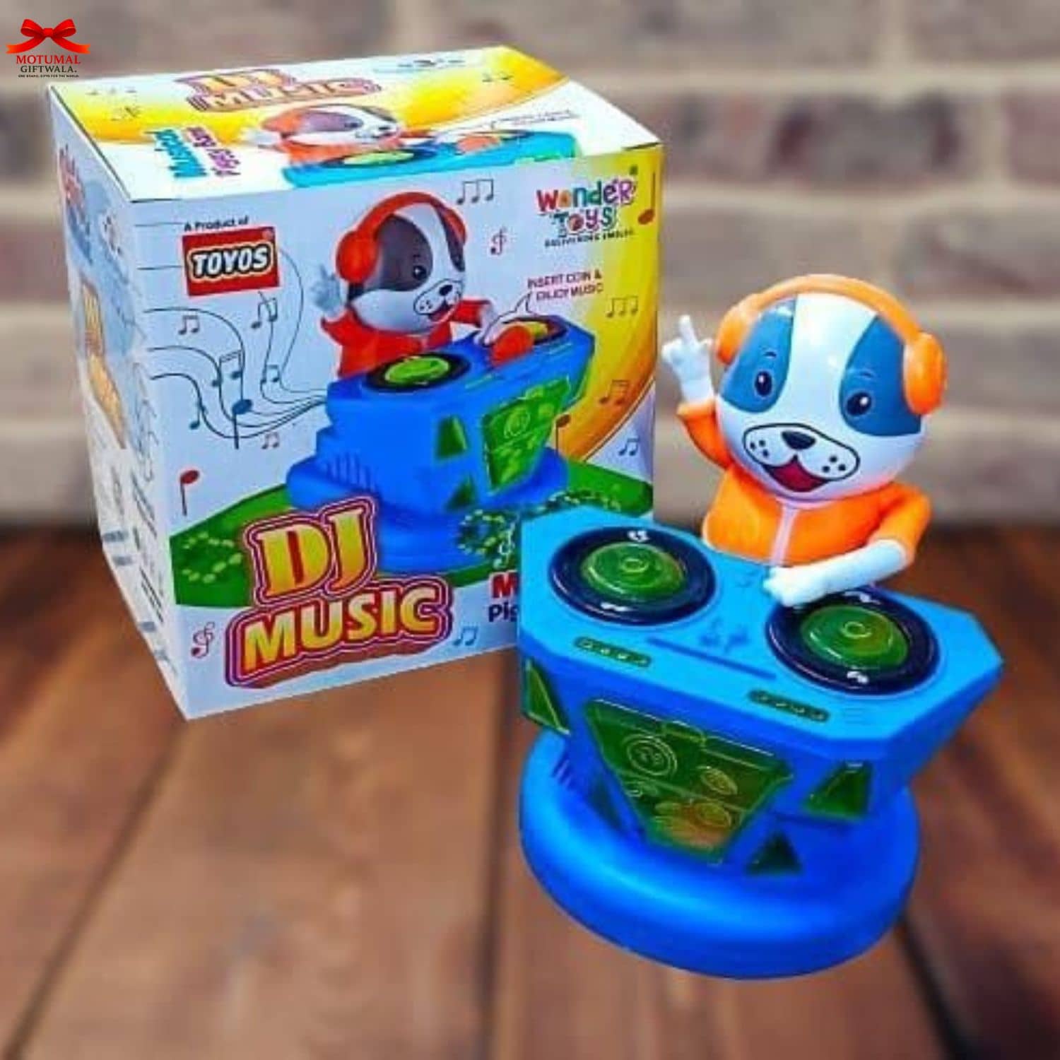 Toy DJ music player with colorful packaging on a wooden surface