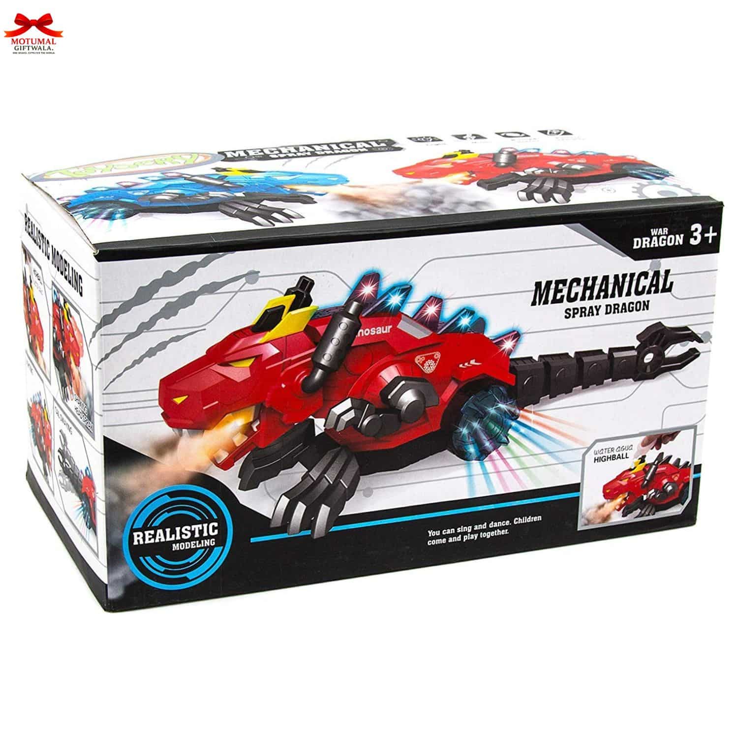 Box of a mechanical spray dragon toy with colorful design and text on a white background