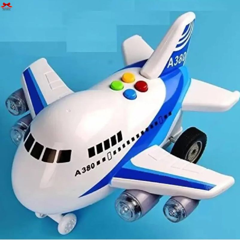 Toy airplane model with colorful buttons on a blue background
