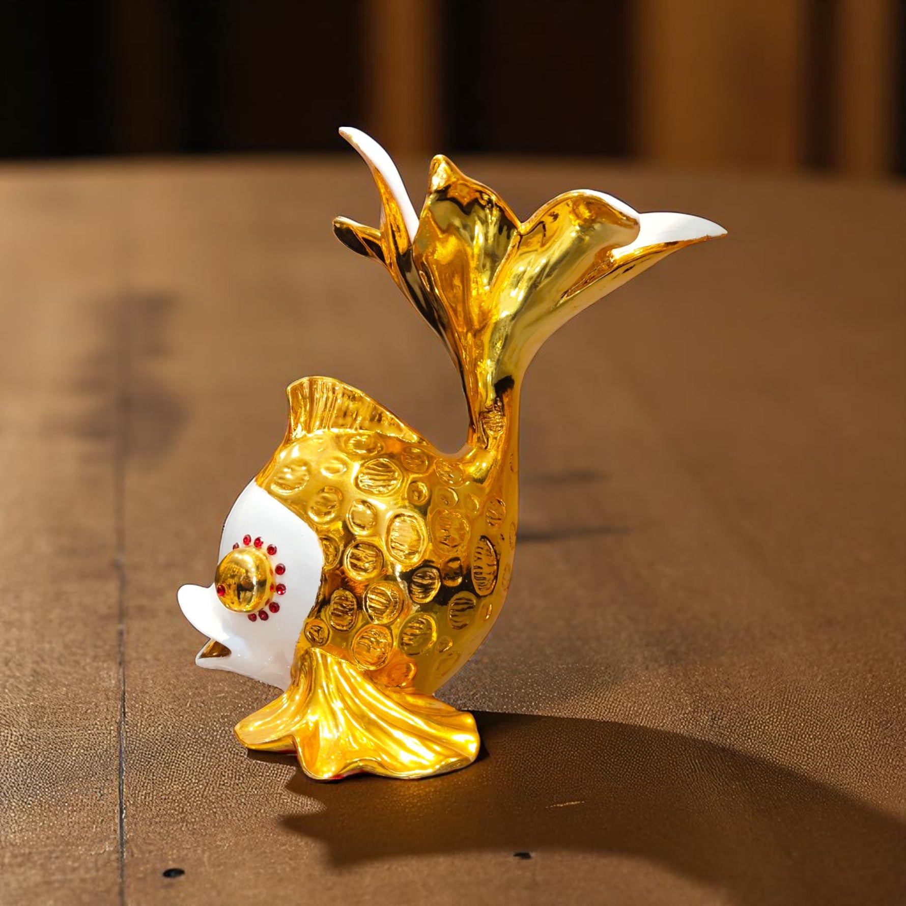 Side view of Golden Bloom Fish Showpiece with water bowl