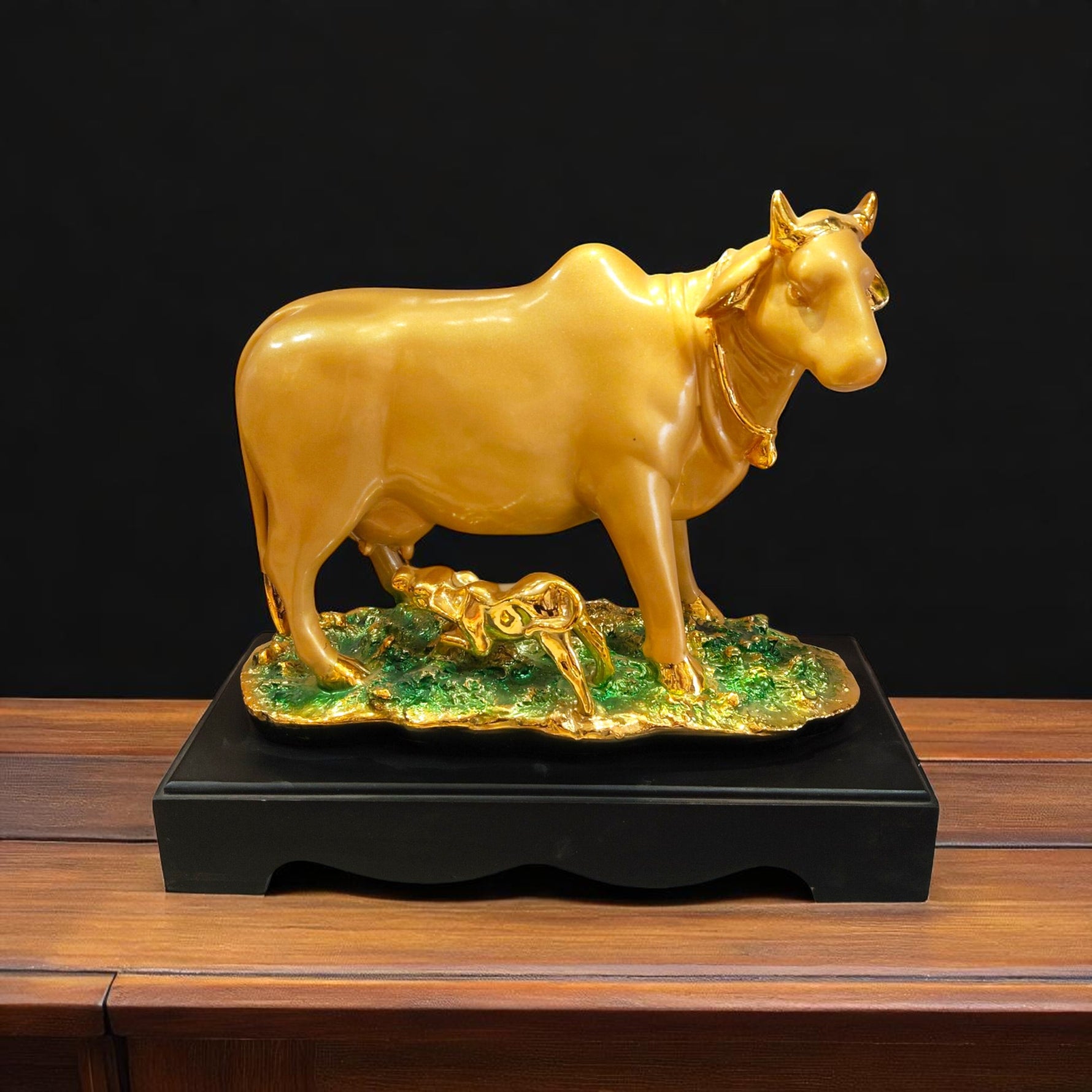 Front View of Golden Kamdhenu Cow and Calf Showpiece – Motumal Giftwala