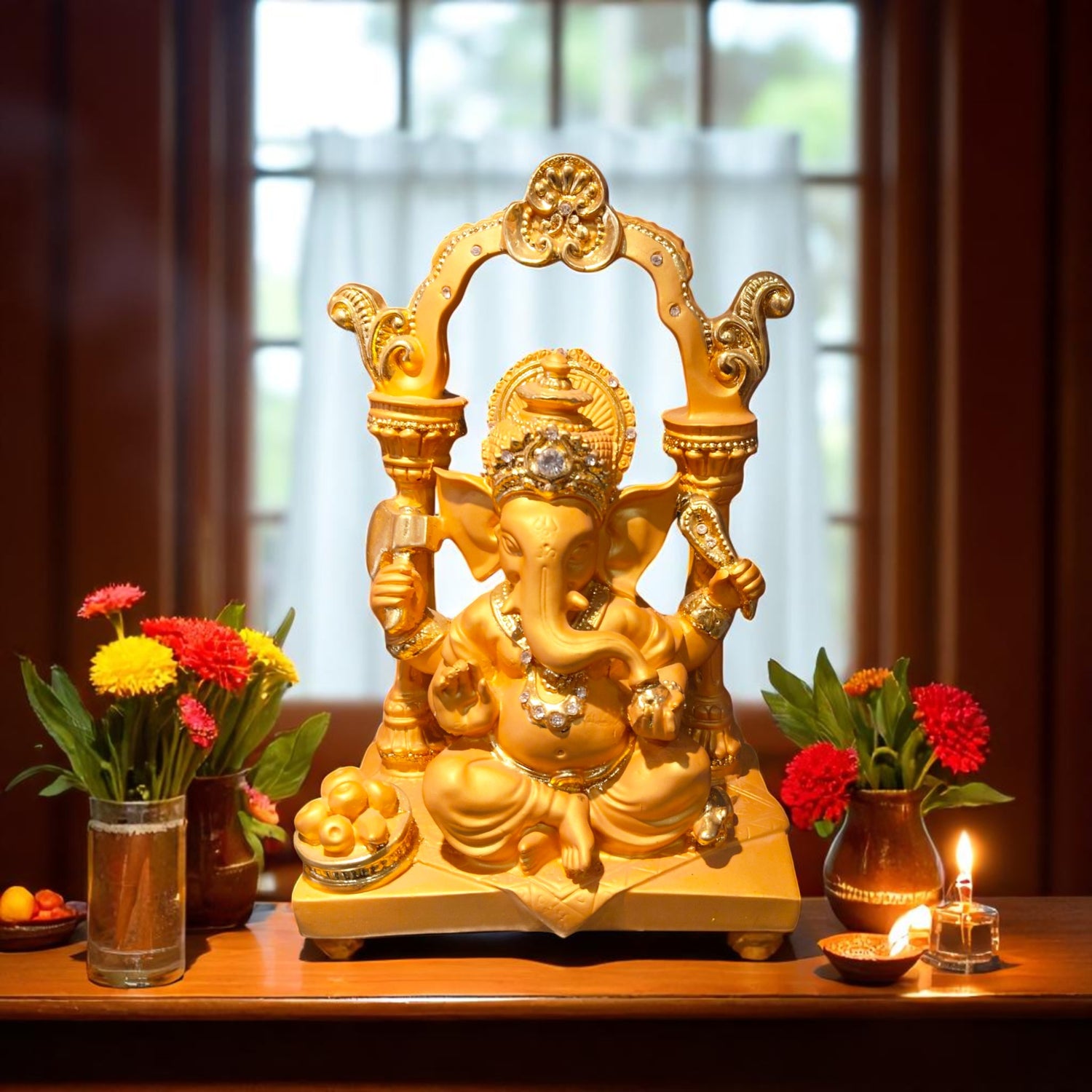 Front view of golden Ganesha idol with decorative arch – ideal for home mandir & Diwali gifts