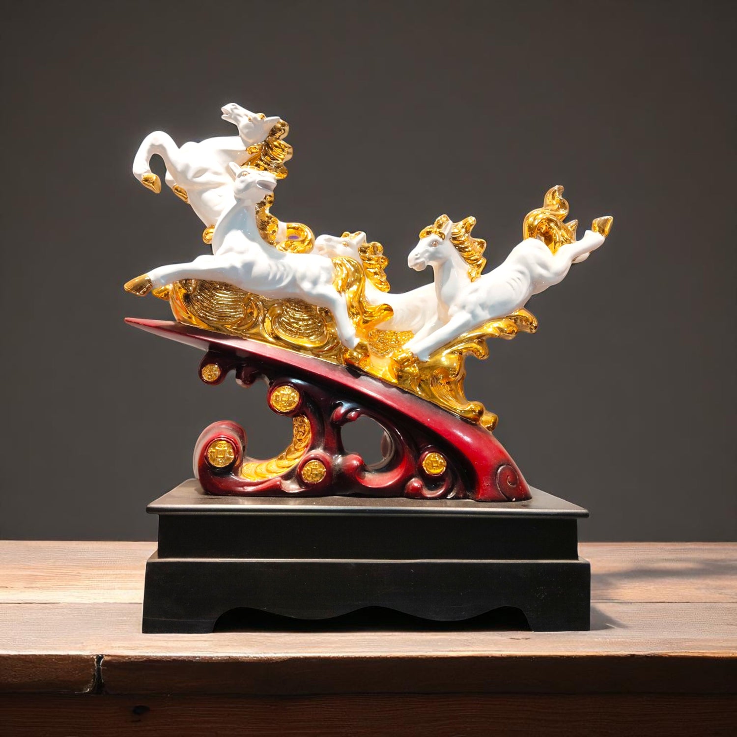 Front view of Golden Glory Running Horse Showpiece with white and golden horses