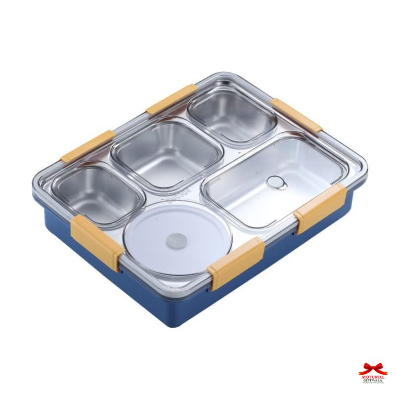 Stainless steel bento box with blue exterior and wooden handles on a white background