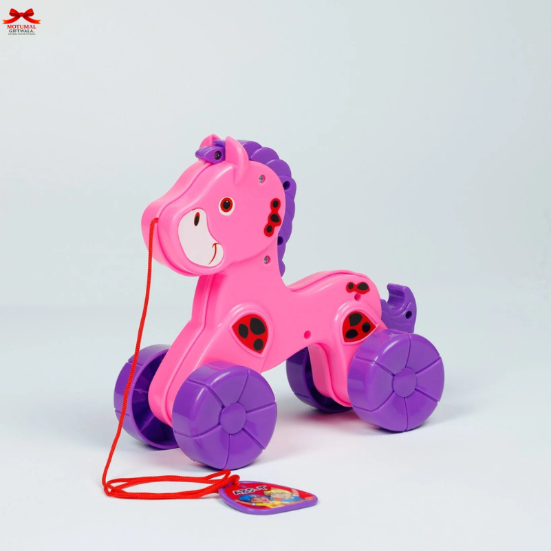 Pink and purple toy horse with wheels on a light gray background
