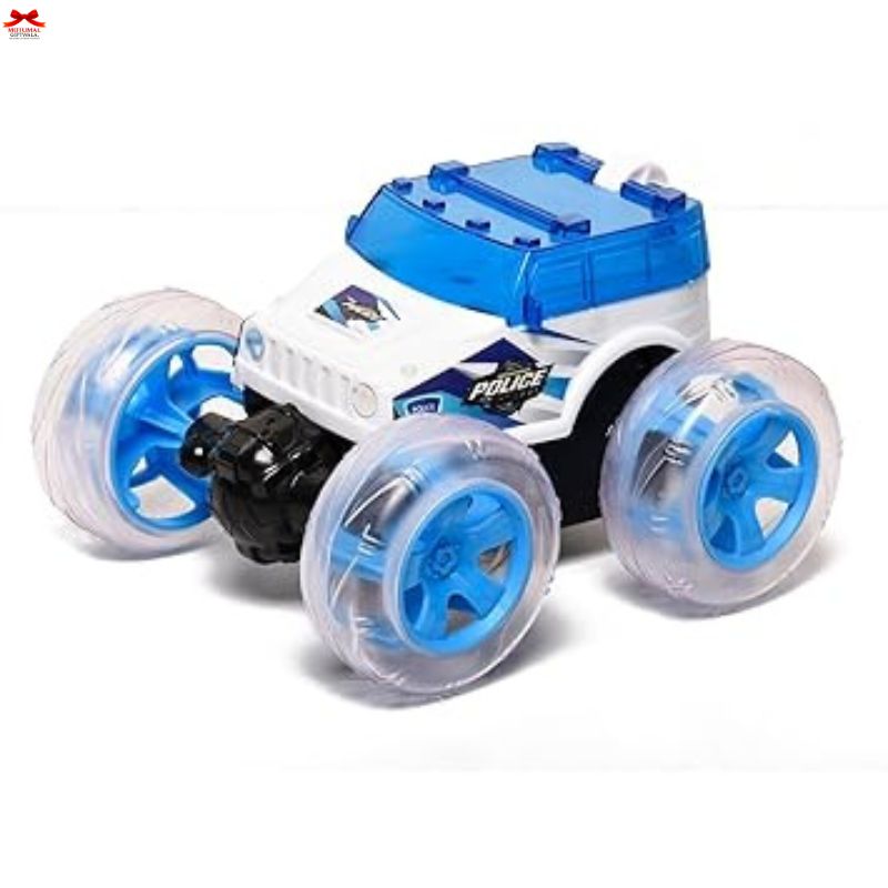 Toy police car with blue and clear wheels on a white background
