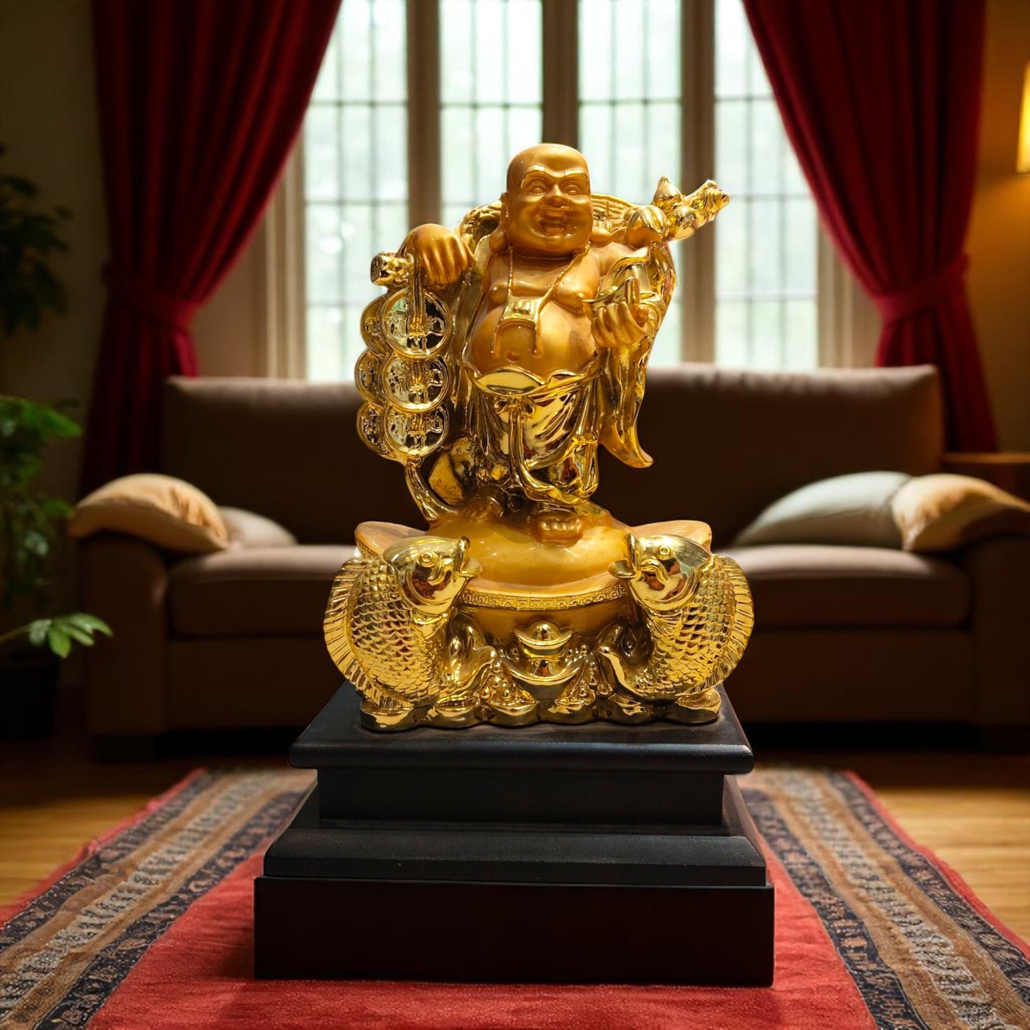 Front view of Dancing Laughing Buddha with fish base in golden white finish