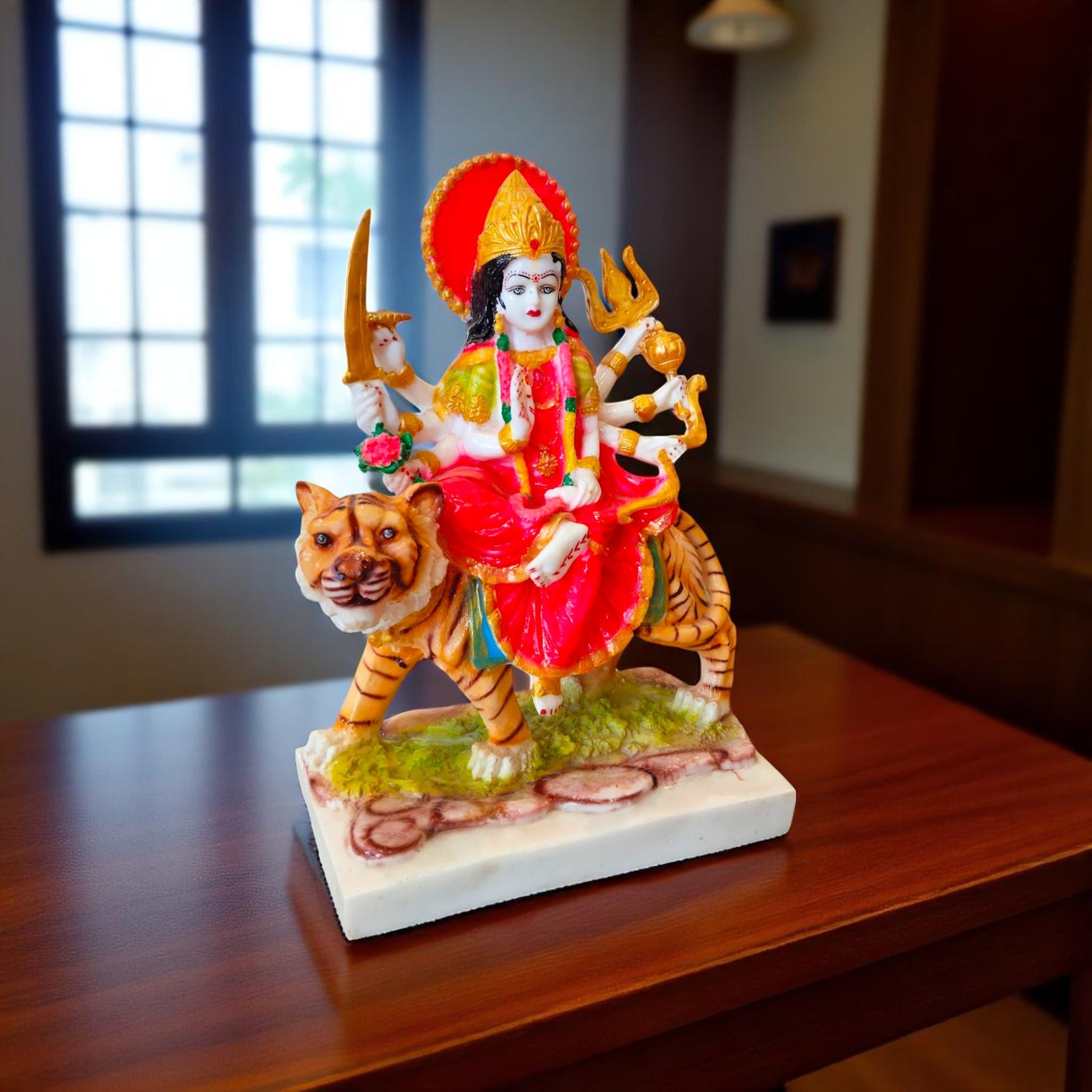 Front view of Maa Durga idol riding tiger with weapons – perfect for Navratri decor and gifting