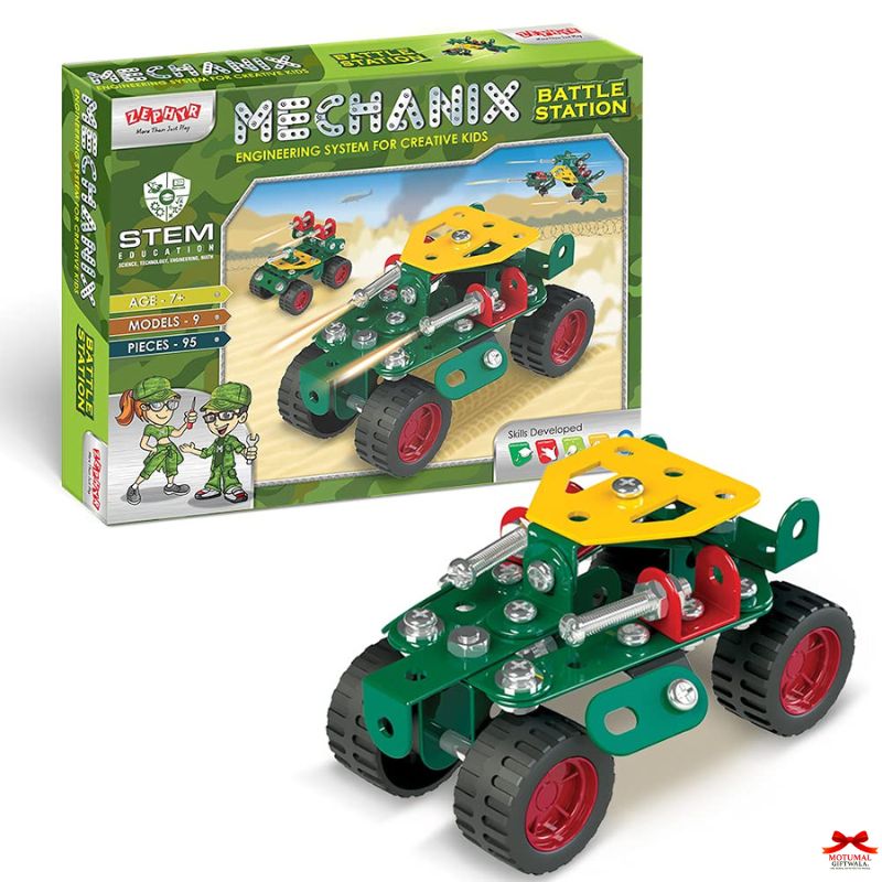 Toy construction set with 'Mechanix' branding and packaging on a white background