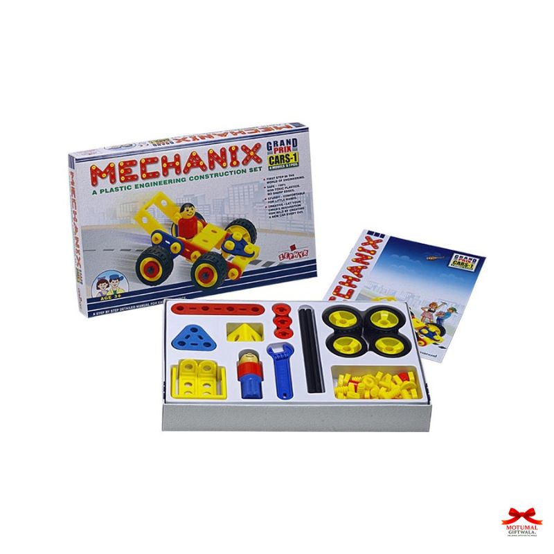 Mechanix plastic engineering construction set with packaging on a white background
