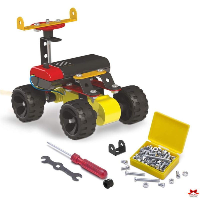 Toy vehicle kit with wheels, tools, and screws on a white background