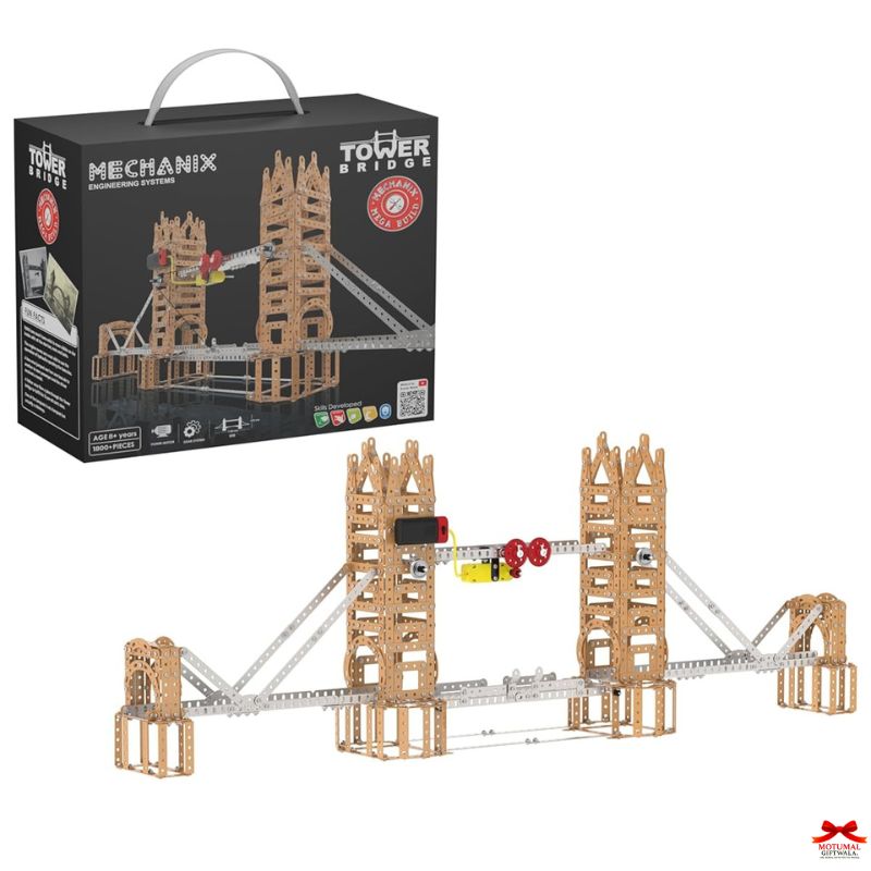 Toy track set with towers and a box labeled 'Tower Bridge' on a white background