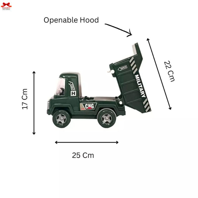 Toy truck with openable hood, dimensions labeled on a white background