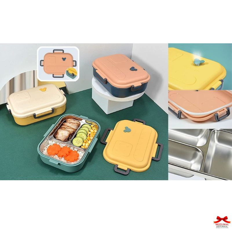 Collage of lunch boxes with food compartments on a green surface