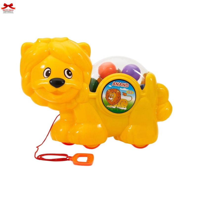 Yellow lion-shaped toy with a pull string on a white background