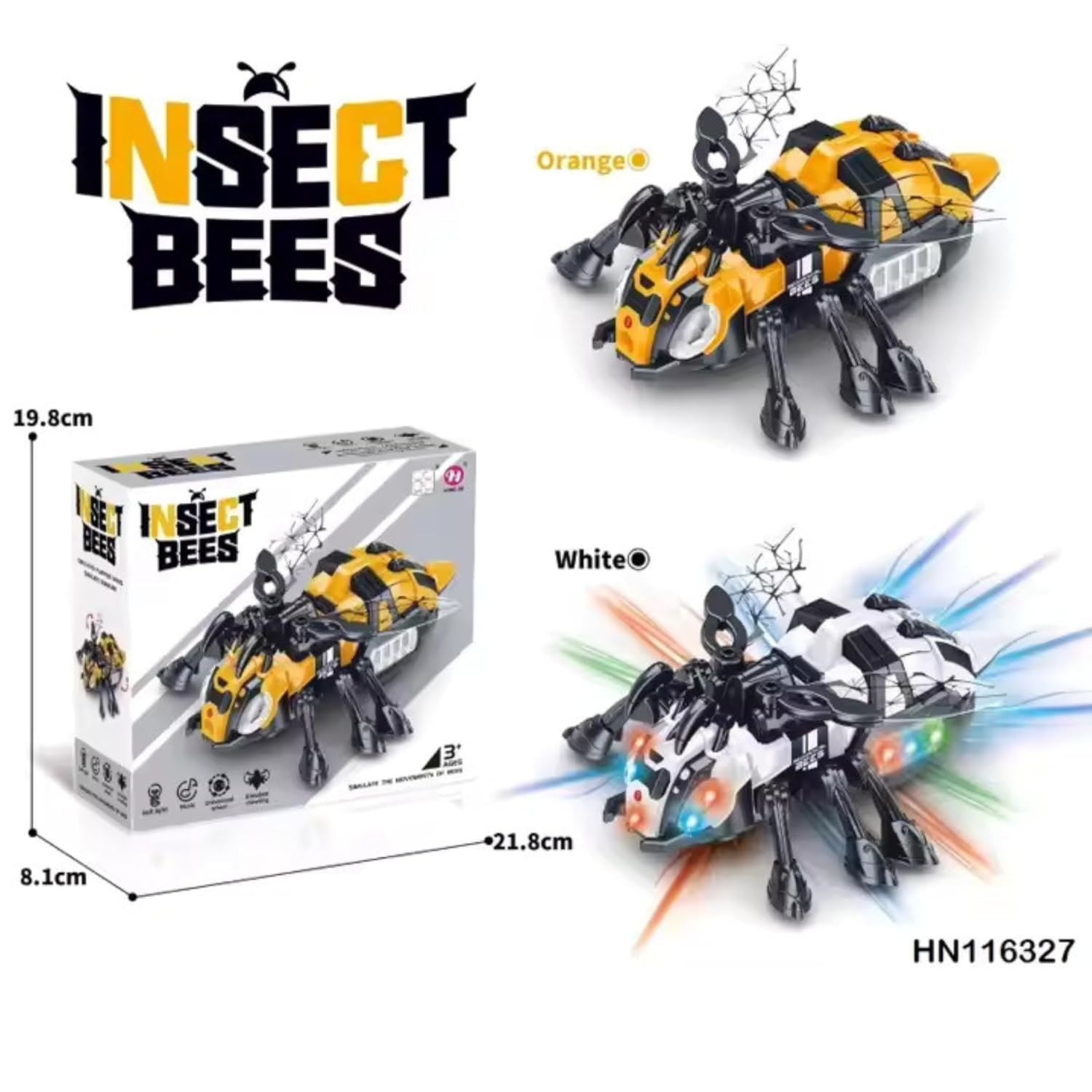 Insect Bees transforming toy in orange and white colors with lighting and music, packaging box view - Motumal Giftwala