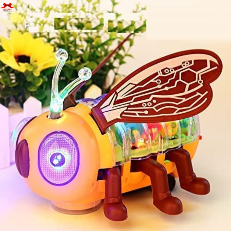 Toy bee with colorful body and glowing eyes on a light background