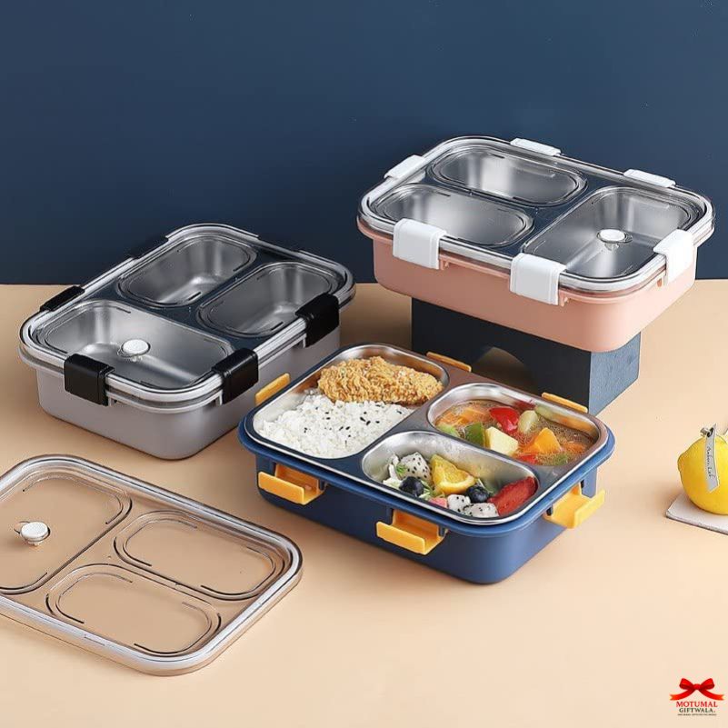 Set of four compartmentalized food containers with different color schemes on a beige surface.
