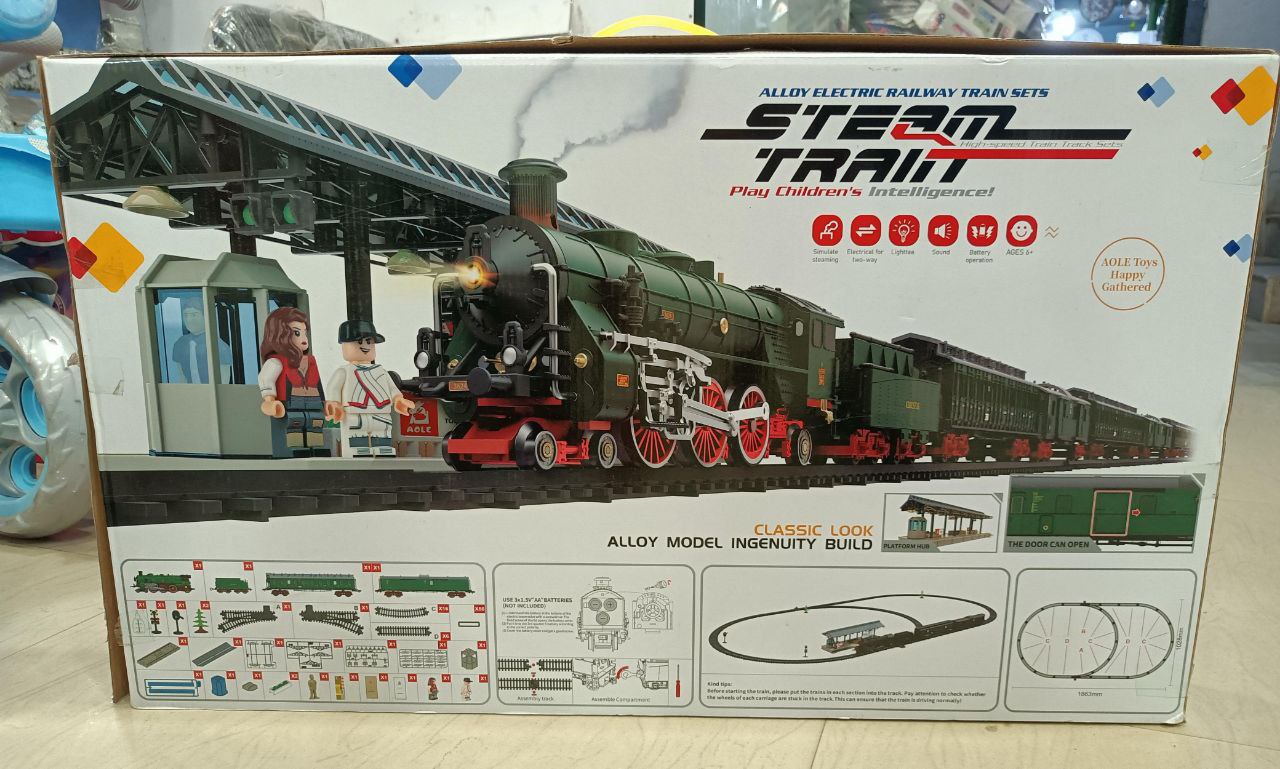 Box of a toy steam train set with colorful graphics and text.