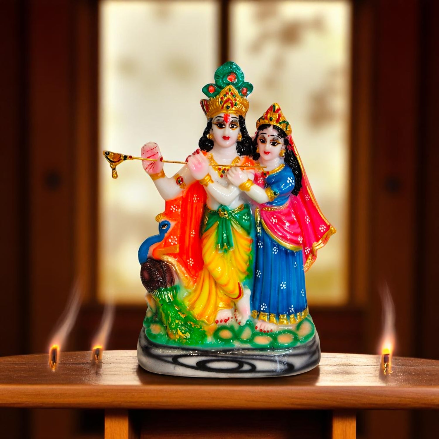 Front view of Radha Krishna idol with flute – colorful devotional showpiece for gifting and pooja
