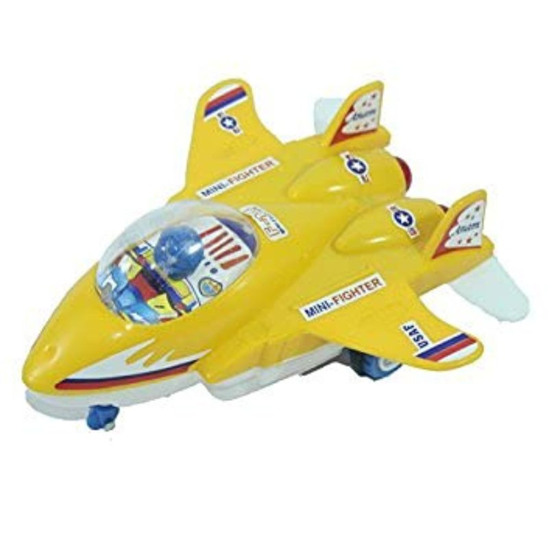 Yellow toy airplane with red and blue accents on a white background