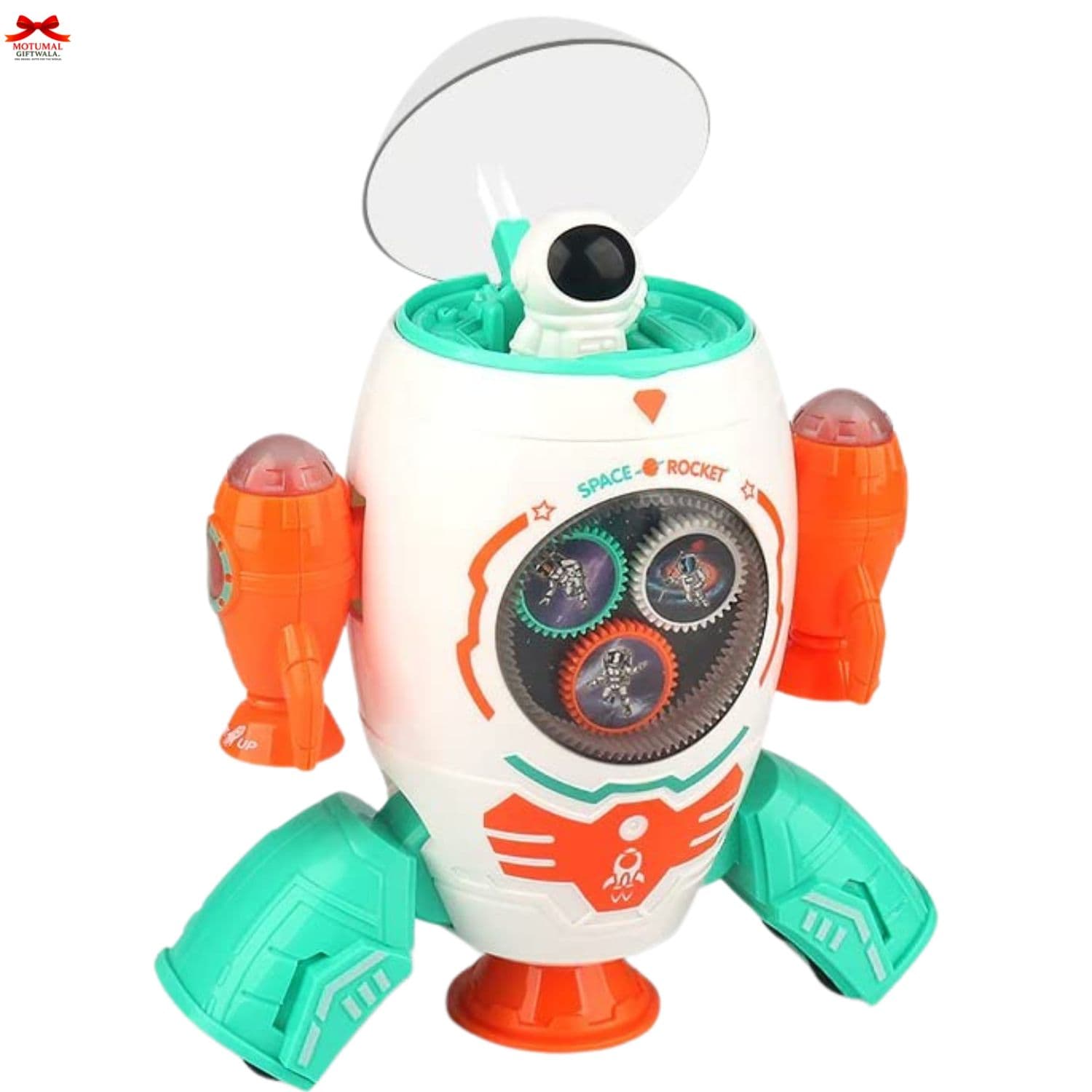 Toy robot with space-themed design on a white background