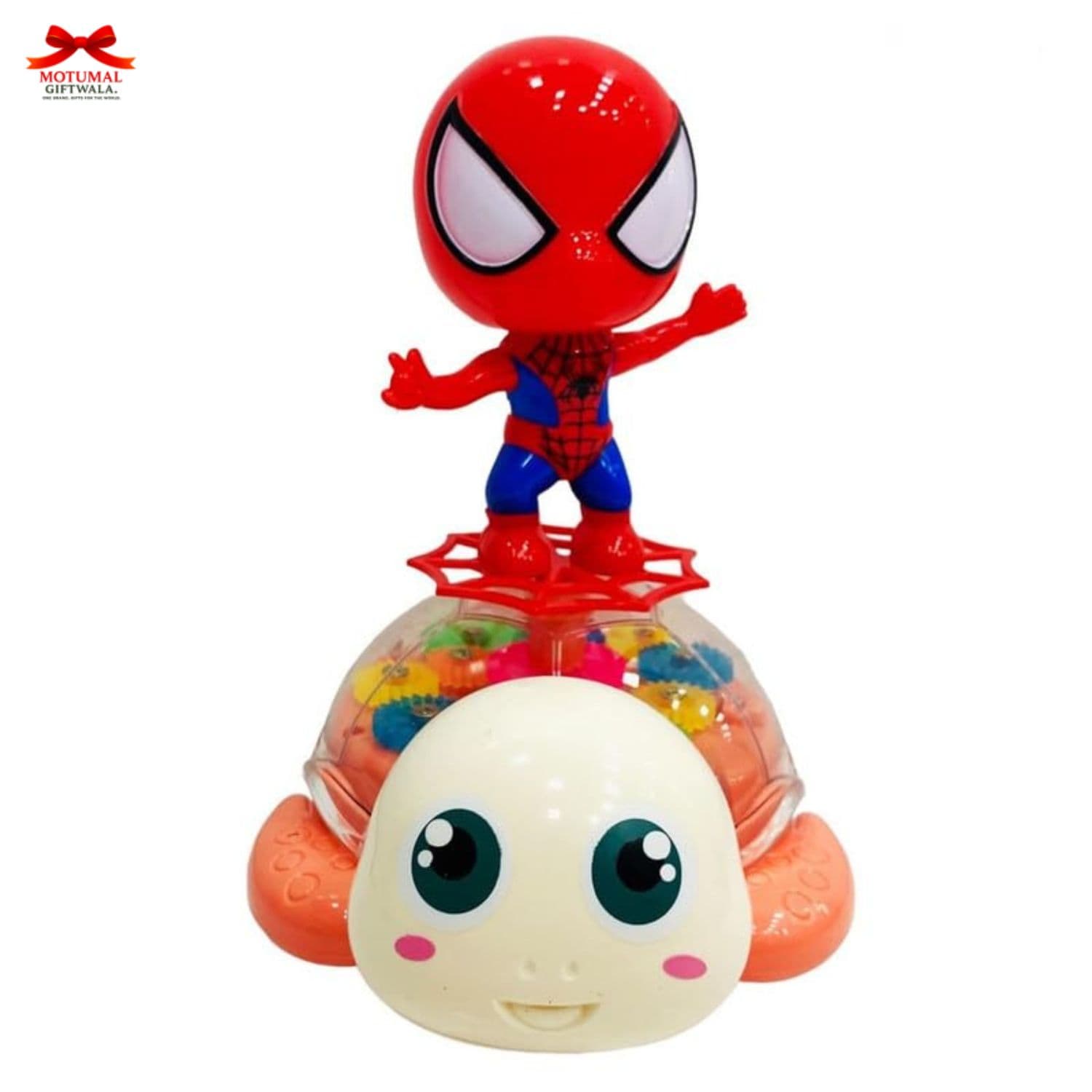Toy figure of a superhero on top of a turtle with colorful beads inside, branded 'MotuMak'.