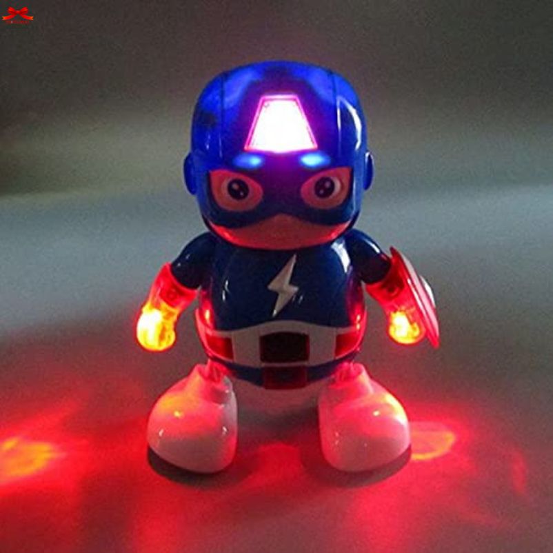 Toy robot with LED lights on a dark background