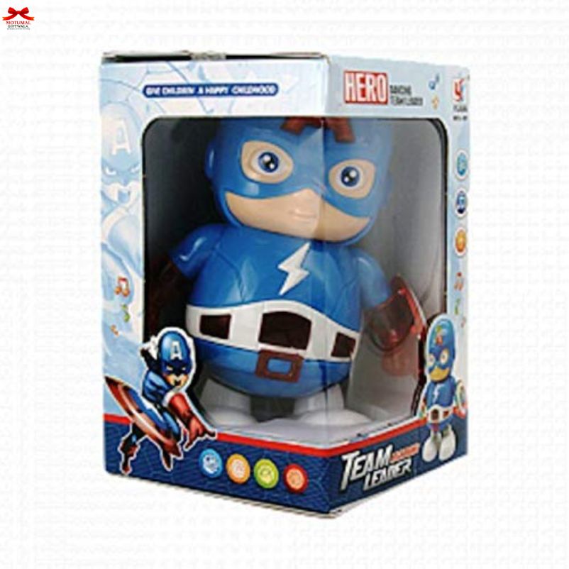 Toy figure in a blue superhero costume with packaging displaying the brand 'Hero'.