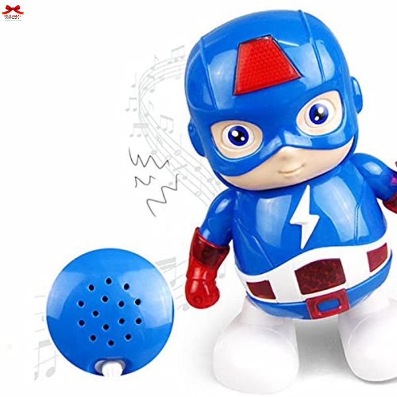 Toy figure in superhero costume with a blue cape and red accents on a white background