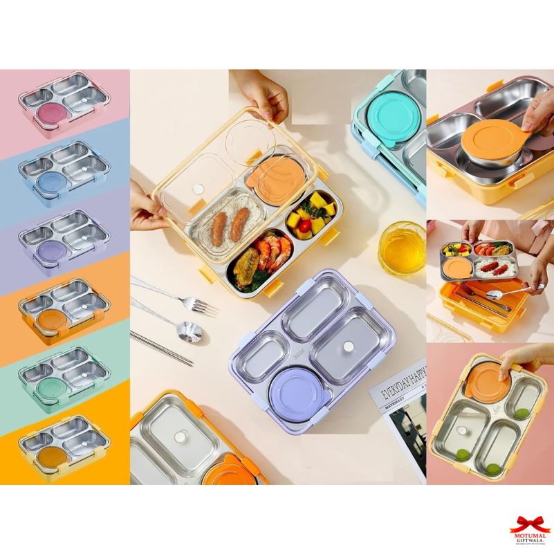 Collage of a bento box with compartments filled with food and utensils on a colorful background.
