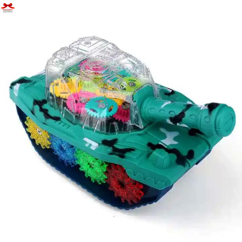 Toy tank with colorful gears on a white background