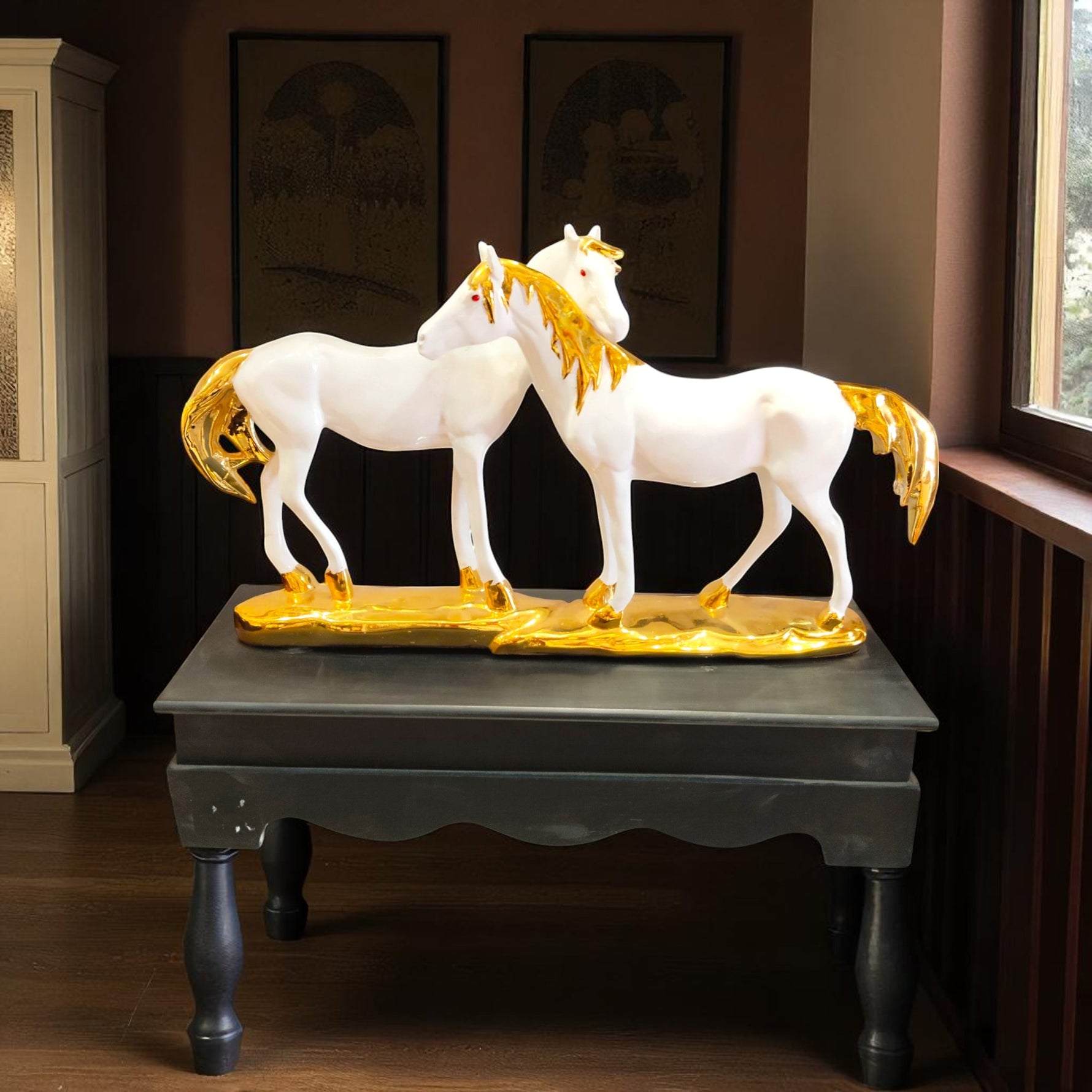 Front view of Twin Harmony White & Golden Horse Showpiece