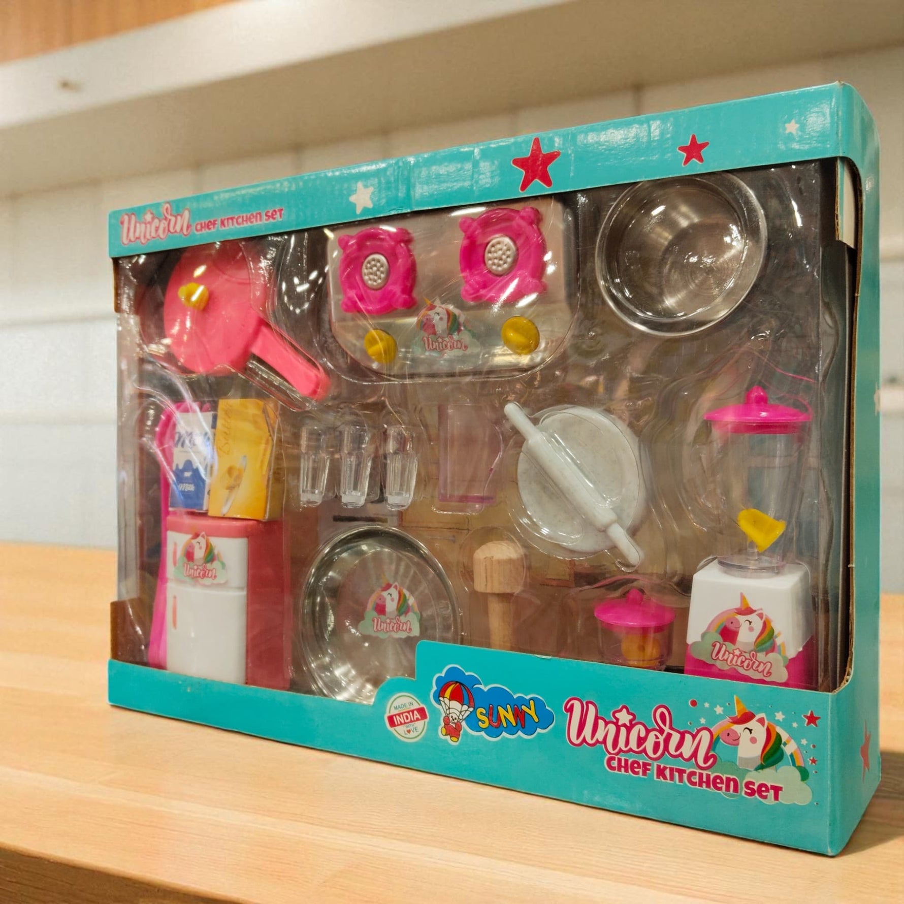 Unicorn Chef Kitchen Set toy package angled front view with pink and silver kitchen accessories