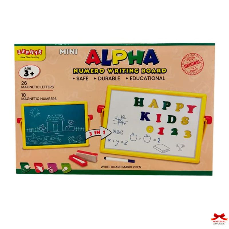 Alpha Numero Writing Board packaging with educational features and illustrations.