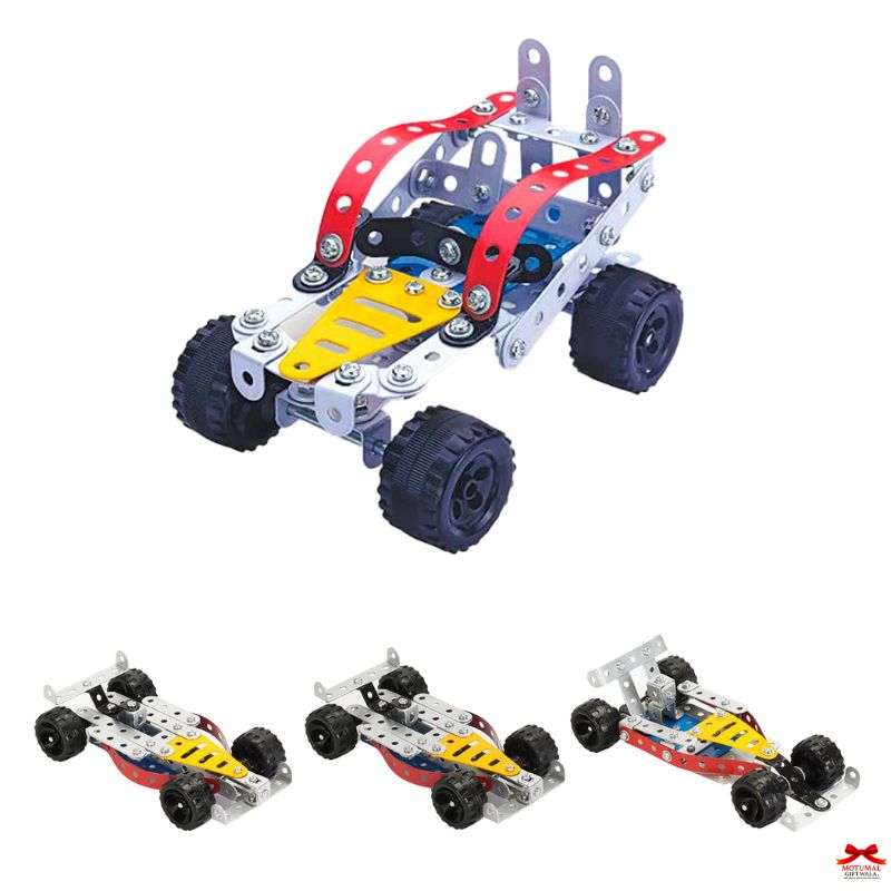 Mechanical model kit of a car with red, yellow, and blue components on a white background.