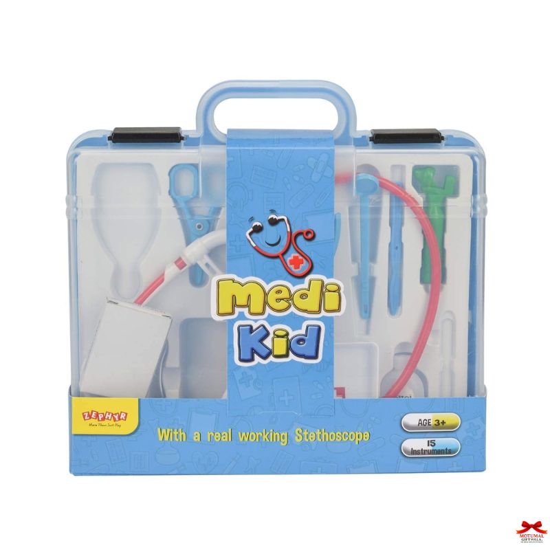 Medi Kid toy doctor set packaging with stethoscope and other tools on a white background