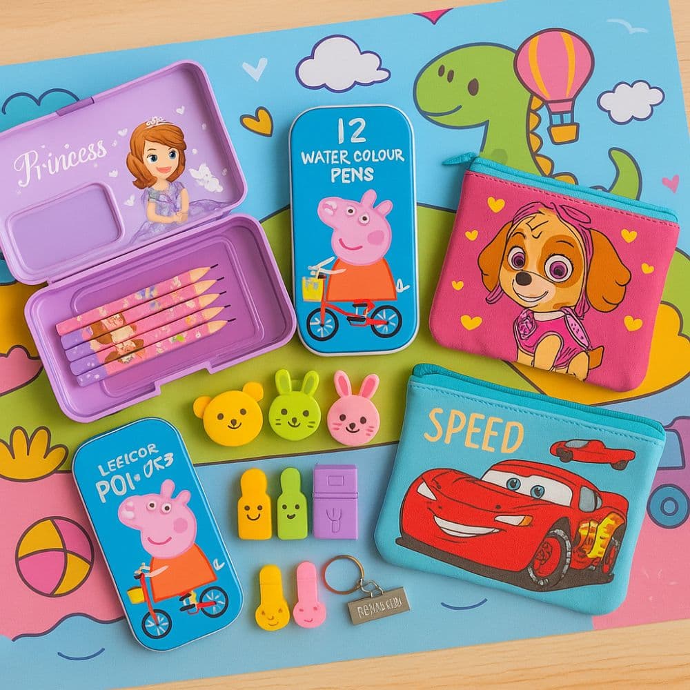 Kids cartoon stationery items like pencil box, color kit, pouch and eraser displayed for gifting – Motumal Giftwala Ranchi