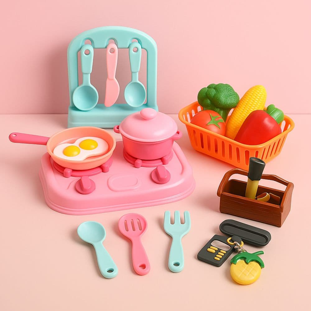 Mini kitchen toy set with stove, utensils, and plastic vegetables – pretend play kitchen gifts by Motumal Giftwala Ranchi