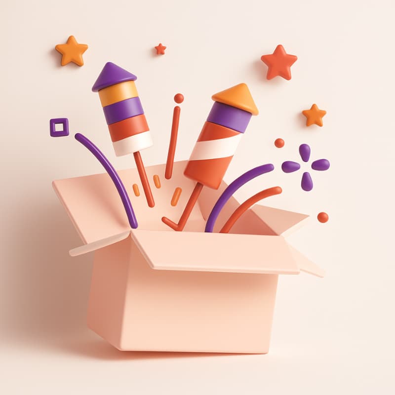 3D illustration of an open gift box with colorful fireworks, stars, and festive elements bursting out – creative festival gifting theme by Motumal Giftwala.