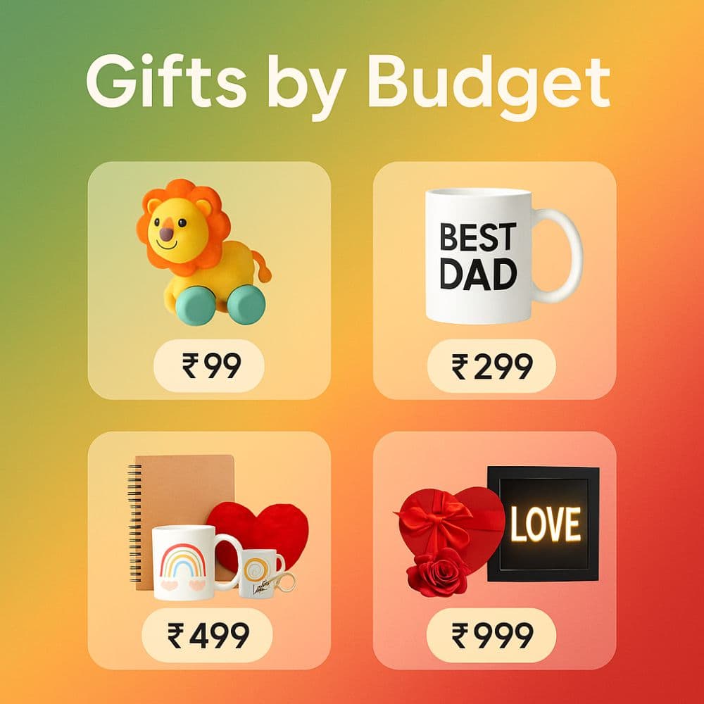 ₹99 toy, ₹299 mug, ₹499 gift combo and ₹999 couple gift displayed with price tags on gradient background – budget-wise gifts from Motumal Giftwala Ranchi