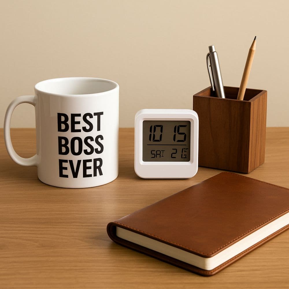 Boss mug, digital desk clock, wooden pen stand and diary – elegant gifts for boss from Motumal Giftwala Ranchi